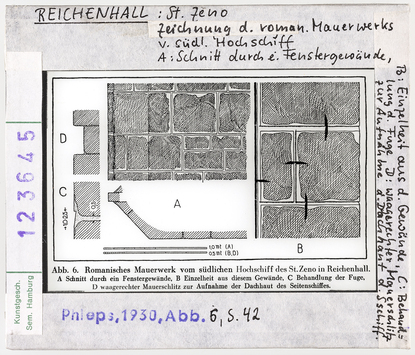 Vorschaubild Reichenhall: St. Zeno, Zeichnung des romanischen Mauerwerks vom südlichen Hochschiff 